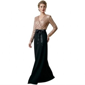 SZ12 Frank Lyman Design Gold Shimmer Sparkle Bodice with Black Satin-Tie Gown